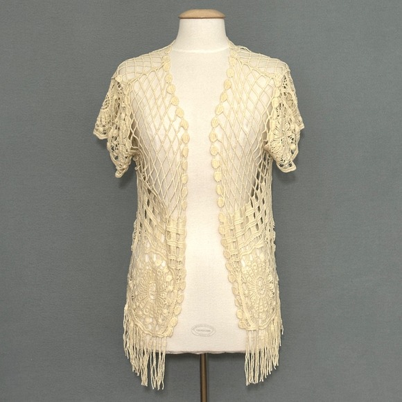 Crochet Womens Top L Ivory Open Cardigan Fringed Beachy Boho Western Hippie - Picture 1 of 13